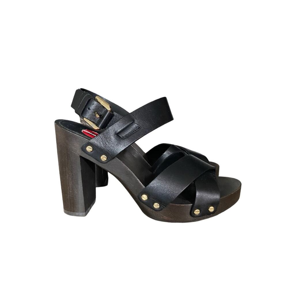 Massimo Dutti Black Leather Platform Gold Studded Sandals Heels Wood 36 US 6